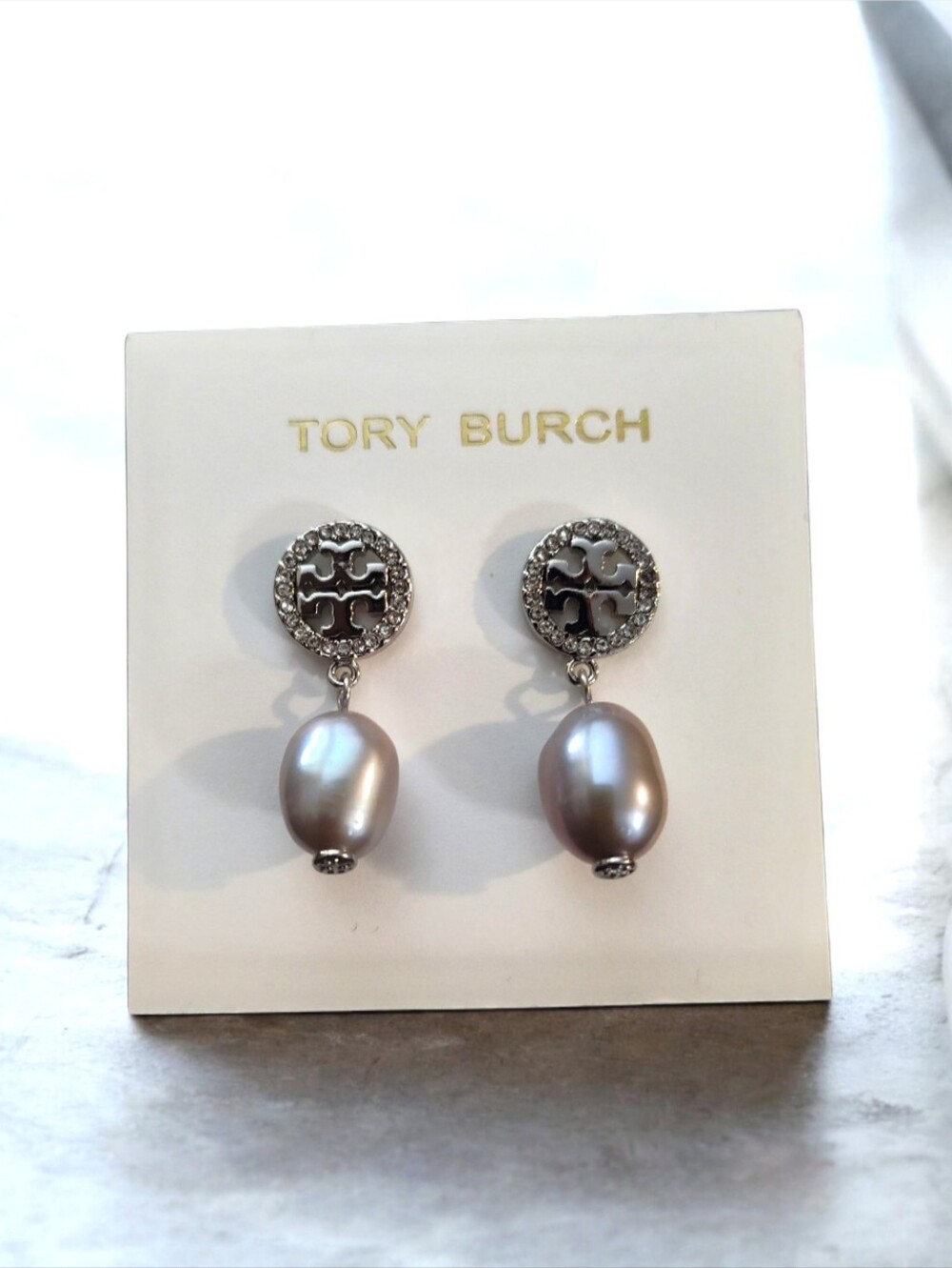 🆕️ Tory Burch silver-tone pavé crystal logo studs grey pearl drop